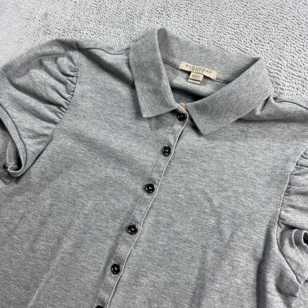 Burberry Brit Womens Gray Puffed Cap Sleeve Pique Polo Shirt Size Medium Logo
